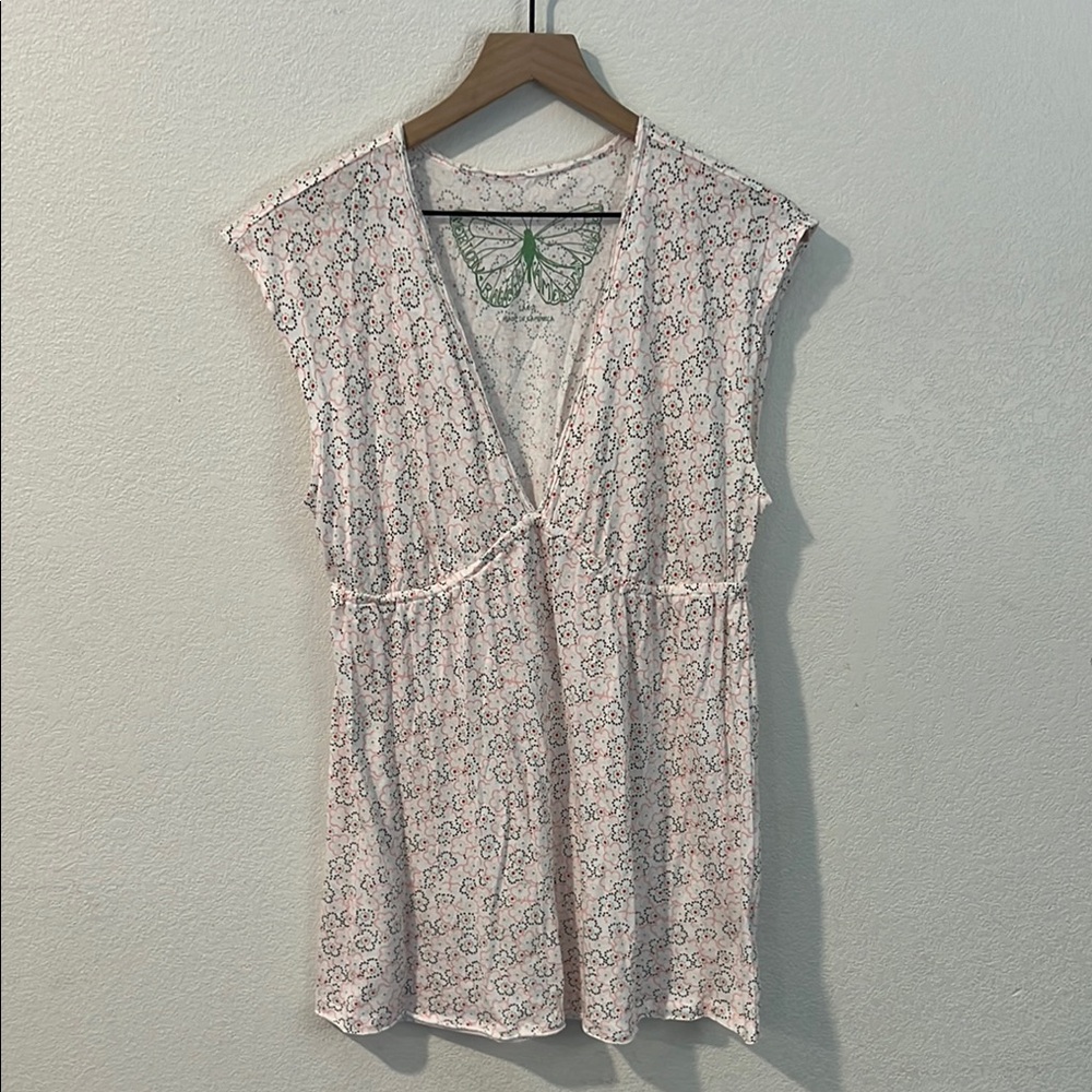 American Rag Cie Soft Cotton Modal Floral Cap Sleeve V Neck Babydoll Tunic Top L